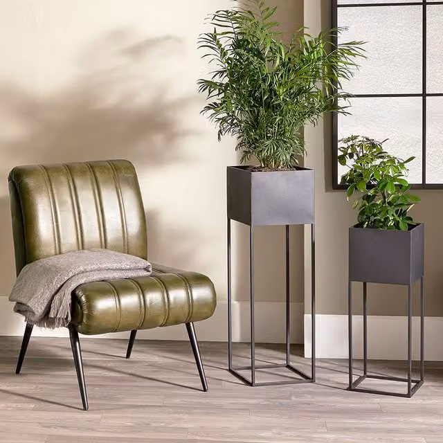 Pacific Lifestyle Set of 2 Modern Square Metal Indoor Planters in Black, Diameter: 25 cm