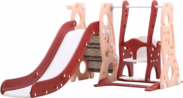 Kidkid 4 in 1 Toddler Climber and Swing Set with Slide and Basketball Hoop, Red