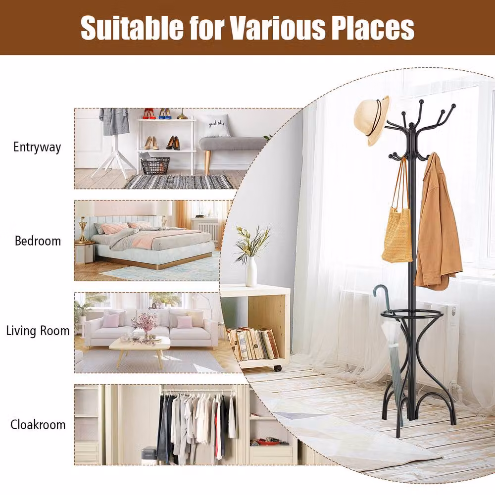 Costway Modern Metal Coat Stand Hanger with 12 Hooks and Umbrella Holder in Matt Black – 4