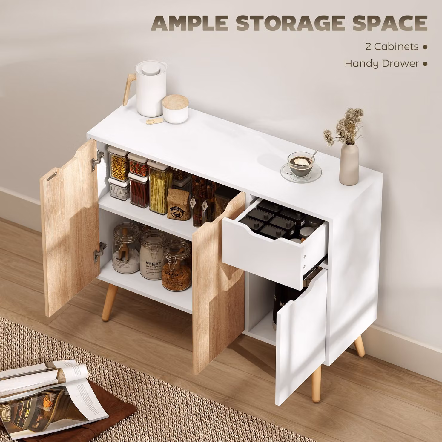 HOMCOM Scandinavian Style Sideboard Floor Standing Storage Cabinet with Drawer in Natural White and Multicolour – 2