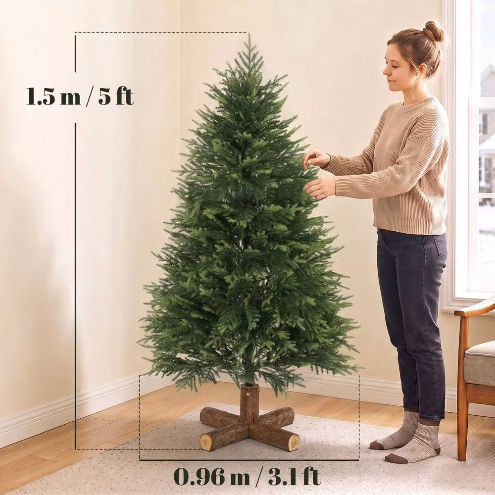 HOMCOM 150 cm Green Artificial Christmas Tree with Wood Base – 3