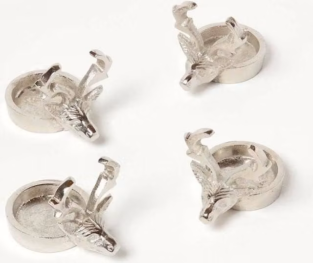 Homescapes Set of 4 Silver Metal Stag Head Tea Light Holders for Christmas Decoration