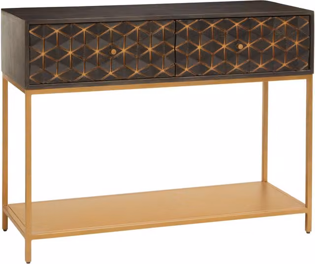 Orsina Patna Grey Finish Mango Wood Console Table with Drawers and Gold Accents