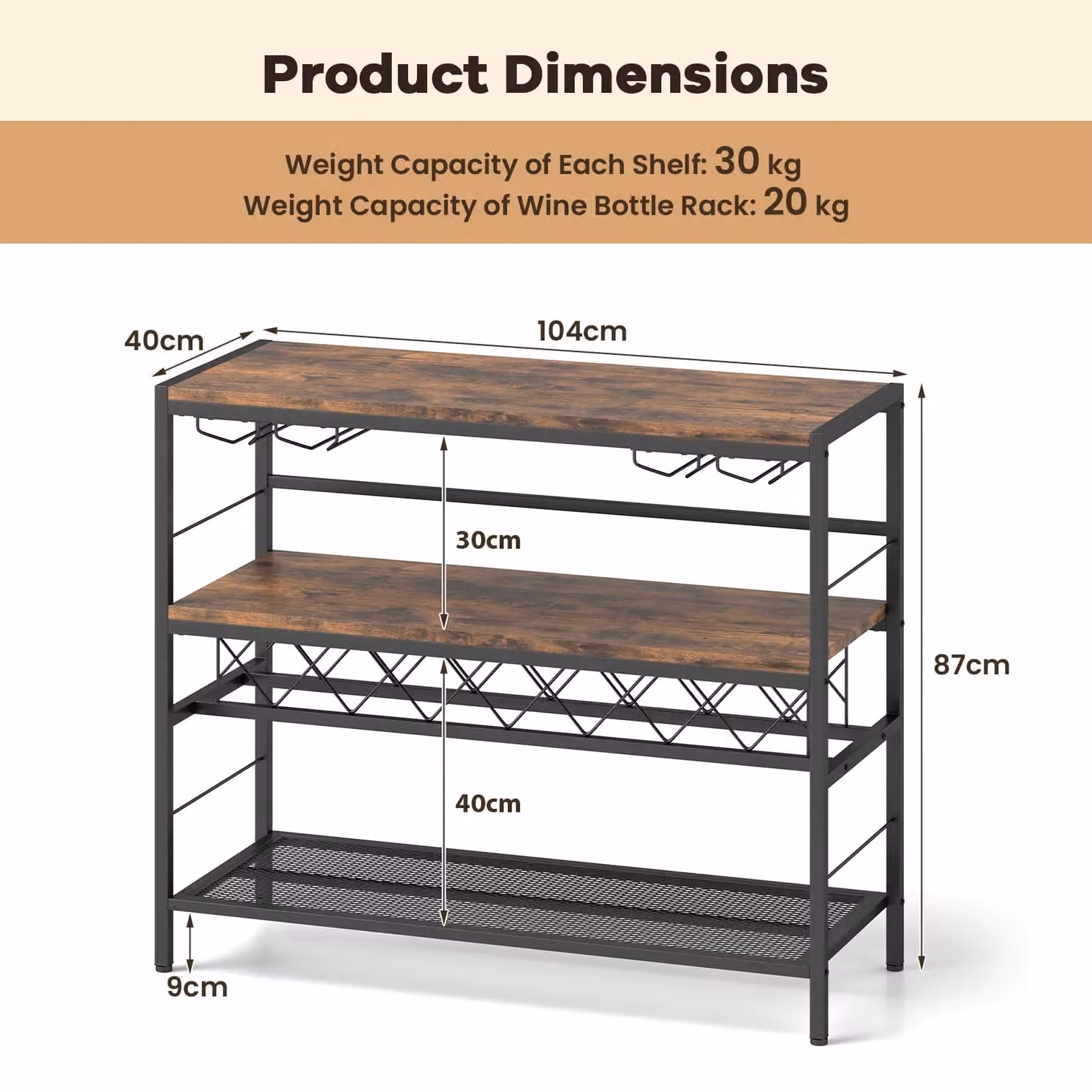 Gymax Industrial Freestanding Wine Bar Table with 4 Glass Holders in Brown – 3