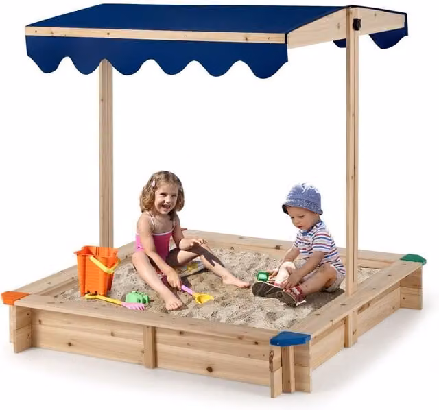 COSTWAY Wooden Kids Sandbox with Height Adjustable Canopy in Brown and Blue