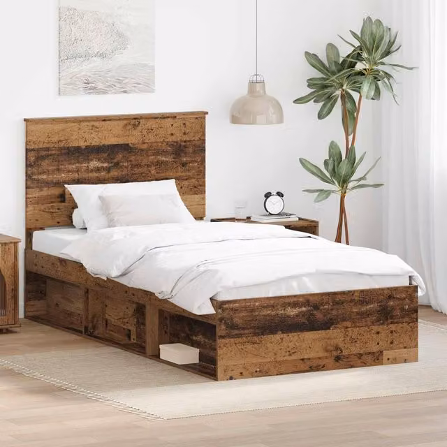 Berkfield Home Modern Bed Frame with Headboard in Brown Pine Wood, W/D/H: 100 x 200 cm – 1
