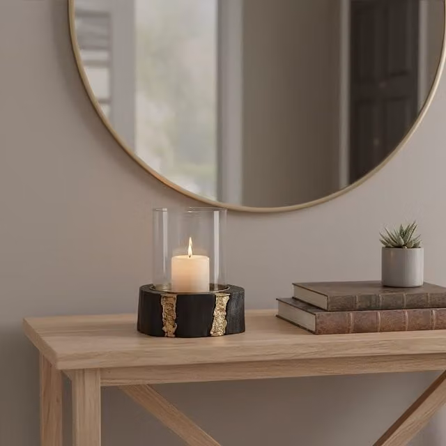 Orsina Round Tabletop Pillar Candle Holder in Black and Gold