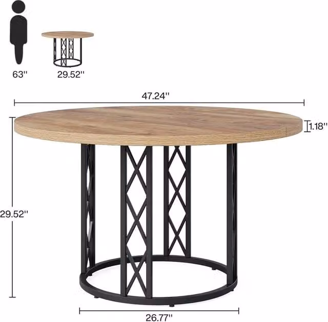 VOGREX Industrial Round Dining Table in Beige, Diameter: 120 cm, Height: 75 cm
