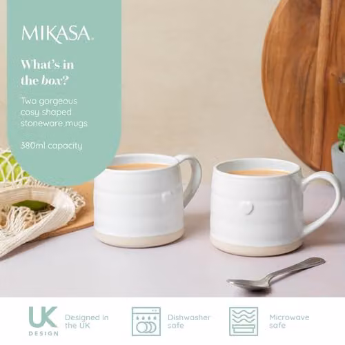 Mikasa White Stoneware Heart Mugs, Set of 2, 380ml – 2