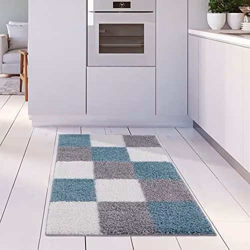 THE RUGS Modern Checked Shaggy Area Rug in Blue and Grey, W: 80 cm, L: 150 cm – 3
