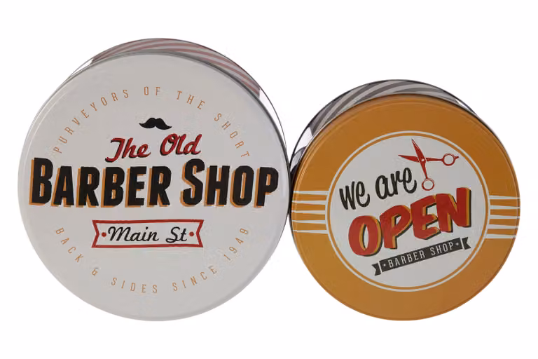 Orsina Set of 2 Retro-Inspired Metal Barber Shop Storage Tins with Lids in Red, White and Black