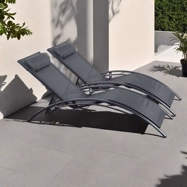 Madefor.living Pair of Bali Sun Loungers in Black with Adjustable Headrest and Textilene Fabric