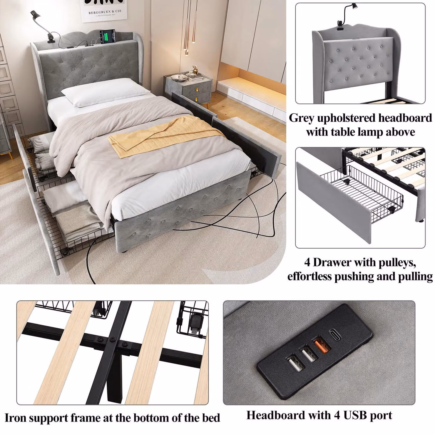 Matteo Grey Velvet Upholstered Double Storage Bed with 4 Drawers, Integrated Reading Light and USB Charging Port – 3