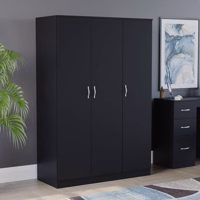 HD Designs Riano 3 Door Wardrobe in Matt Black with Hanging Rod and Internal Shelves, H 170.0 cm x W 115.5 cm
