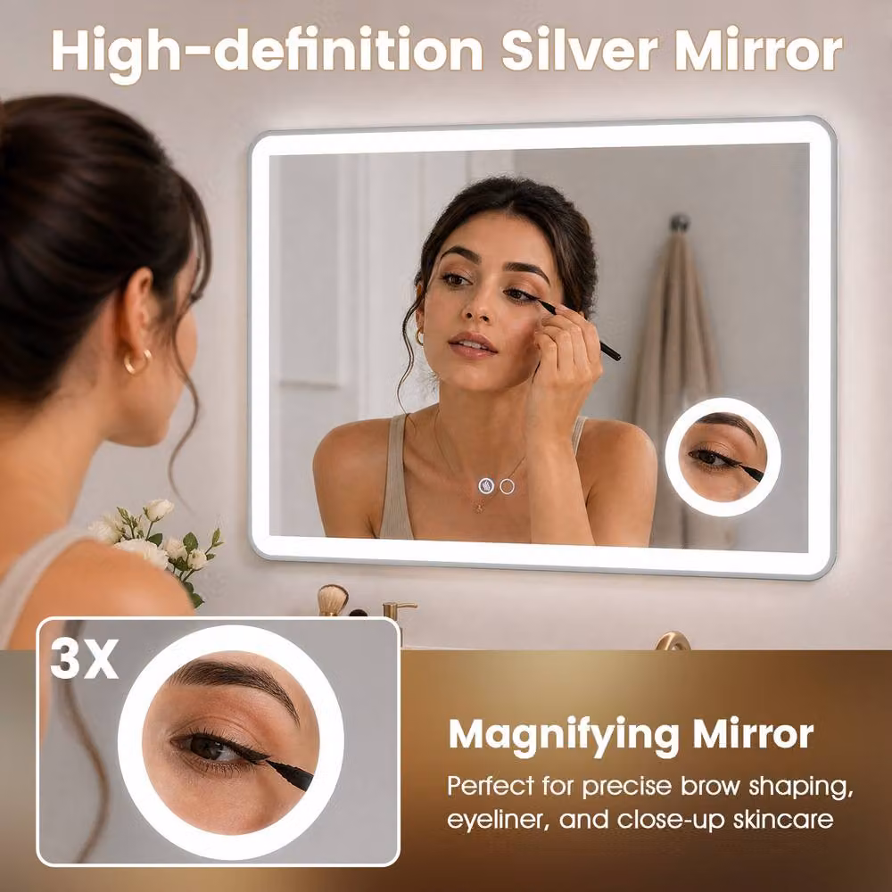 Costway Silver Rectangular Wall Mounted Bathroom Mirror with 3X Magnification and Dimmable LED Light – 5