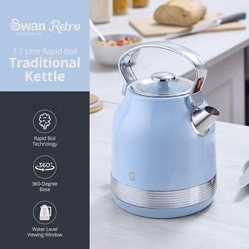 Swan SK14631BLU Retro Traditional Kettle in Blue and Stainless Steel, 1.7 l, 3 kW, with Removable Limescale Filter – 2