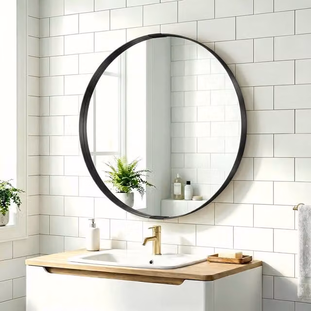 HOMCOM Modern Round Wall Mounted Bathroom Mirror in Black, 61 cm Diameter