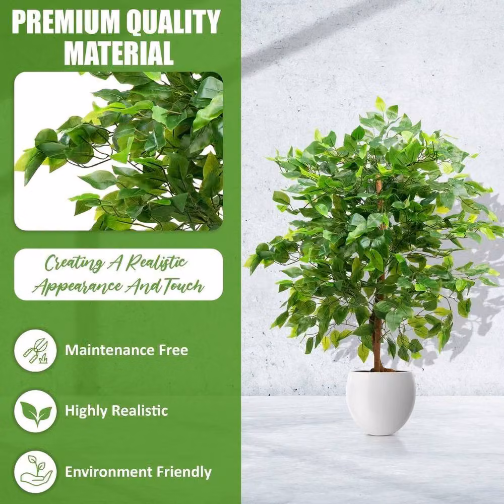 FLAVORA Large Bushy Artificial Ficus Tree in Green, Height: 90 cm – 3