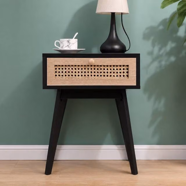 SPOT ON DEALZ Black Rattan Bedside Table with Drawer and MDF Wood Frame, W/D/H: 30 x 40 x 50 cm – 7