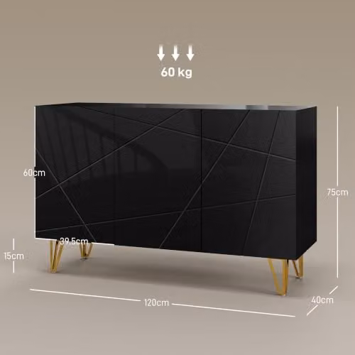 HOMCOM Modern Glossy Black Freestanding Storage Cabinet with Gold Legs, W/D/H: 120 x 40 x 75 cm – 3