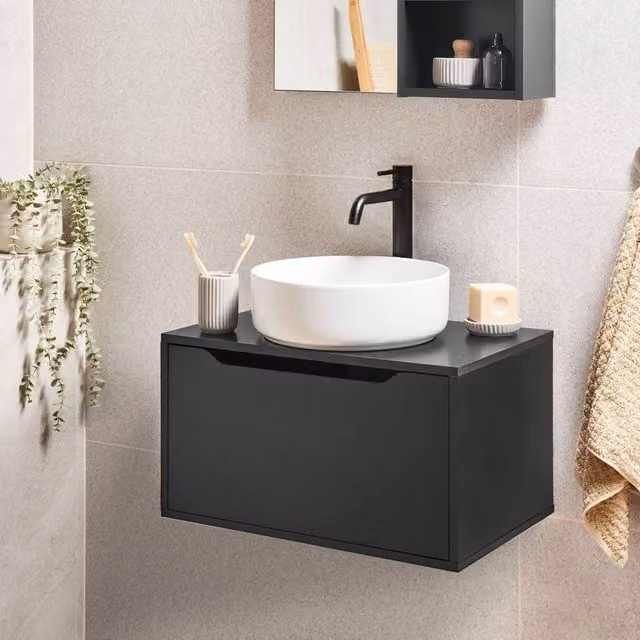 Wyld and Coco Black Wall-Mounted Washbasin Cabinet with Internal Shelves, W: 60 cm, D: 39 cm, H: 33 cm – 1