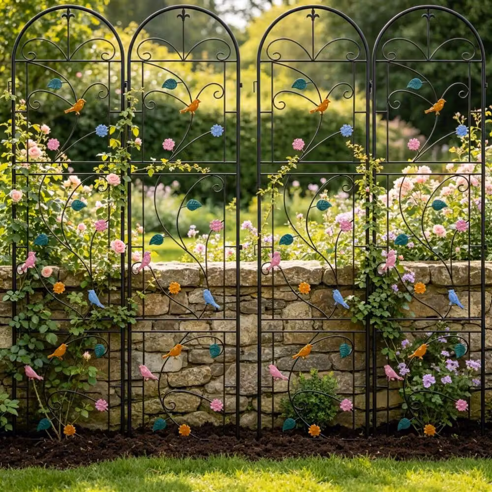 FLAVORA 2 Pack Metal Garden Trellis with Multicolour Bird Support in Black, W: 100 cm, D: 15 cm, H: 214 cm – 4