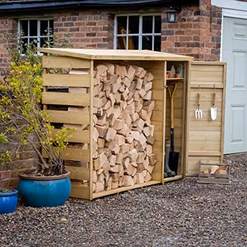 Forest Garden Large Premium Rustic Wood Log and Tool Store, Brown, W: 176 cm, D: 69 cm, H: 151.9 cm
