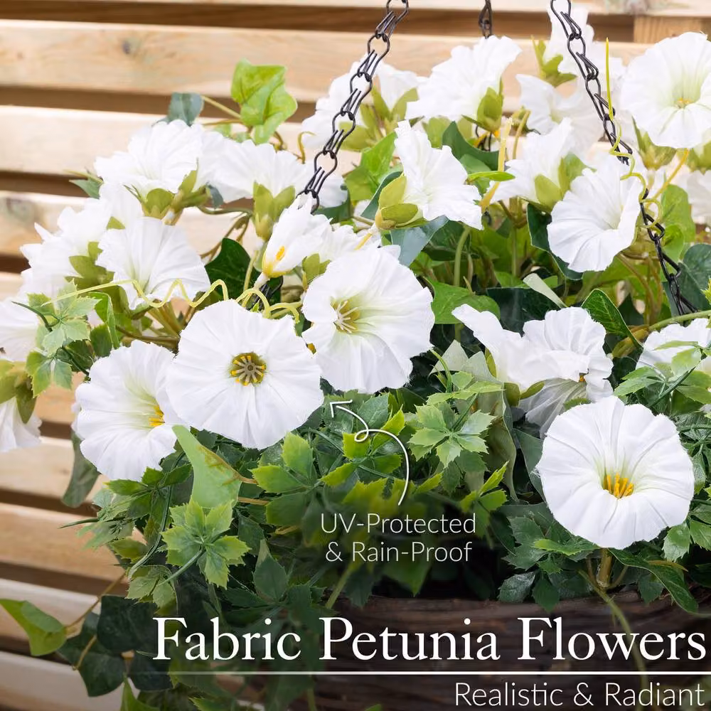 Christow White Artificial Petunia Wicker Hanging Basket with UV Resistant Foliage, Diameter: 25 cm – 3