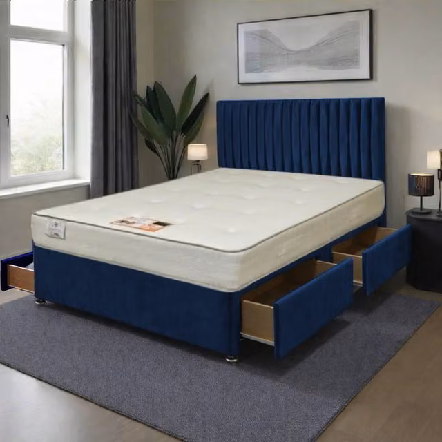 Knight Sleep Emily Plush Bed Set with Princess Hybrid Mattress and Floorstanding Headboard in Blue/Grey Velvet, W/D/H: 120 x 200 cm
