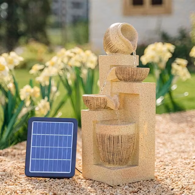 Livingandhome Solar Powered Tabletop Stone Cascade Water Feature in Yellow