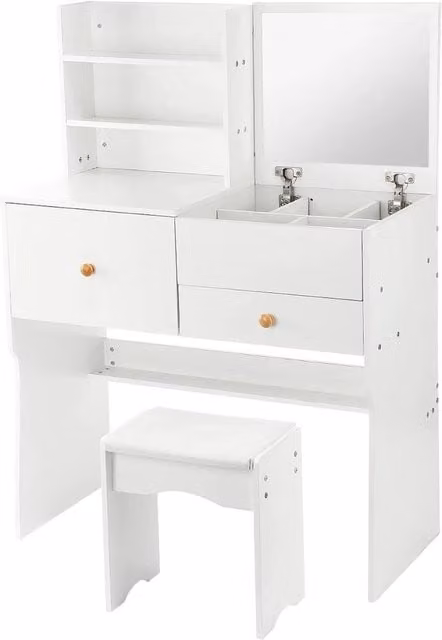 NESTLUNE Modern White Bedroom Vanity Dressing Table Set with Mirror and Drawers W/D/H: 100 x 100 x 100 cm