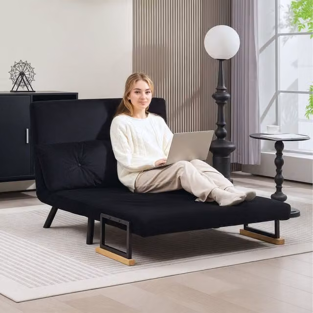 HOMCOM Convertible Single Chair Bed Settee in Black Velvet with Armrests and Metal Frame