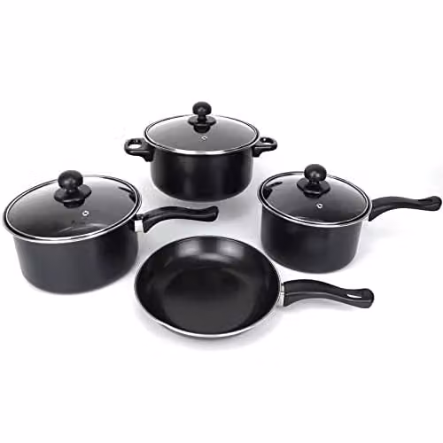 Gr8 Home 7 Piece Black Non Stick Carbon Steel Cookware Set with Glass Lids