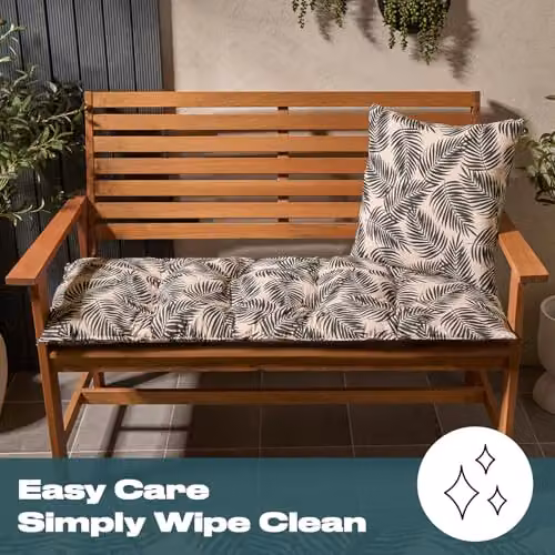 OHS 2 Seater Leaf Print Garden Bench Cushion, Waterproof Monochrome Outdoor Seat Pad, W: 110 cm, D: 40 cm – 2