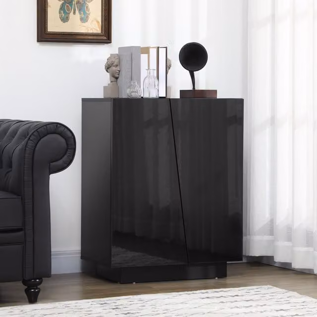 HOMCOM Modern High Gloss Black Freestanding Storage Cabinet with Hinged Doors and Internal Shelves
