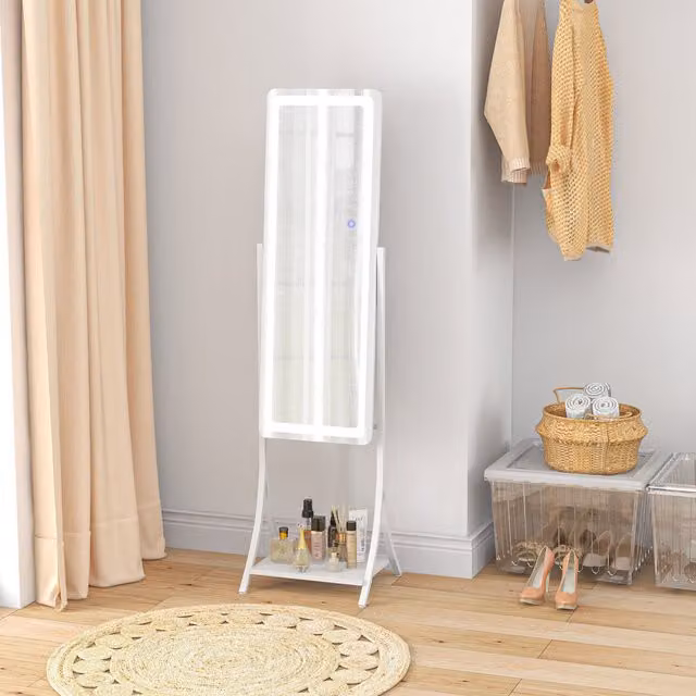 HOMCOM Full Length LED Dimmable Floor Mirror with Storage Shelf in White