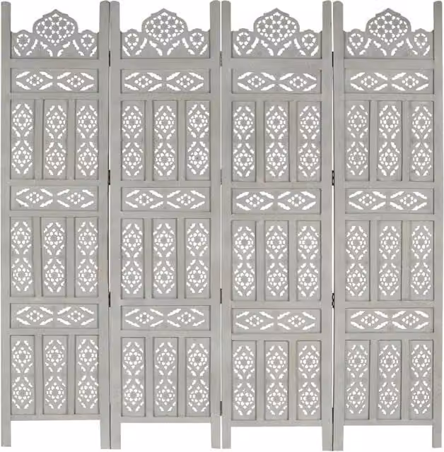 Berkfield Home Hand Carved 4-Panel Geometric Room Divider in Grey Solid Mango Wood W/H: 160 x 165 cm