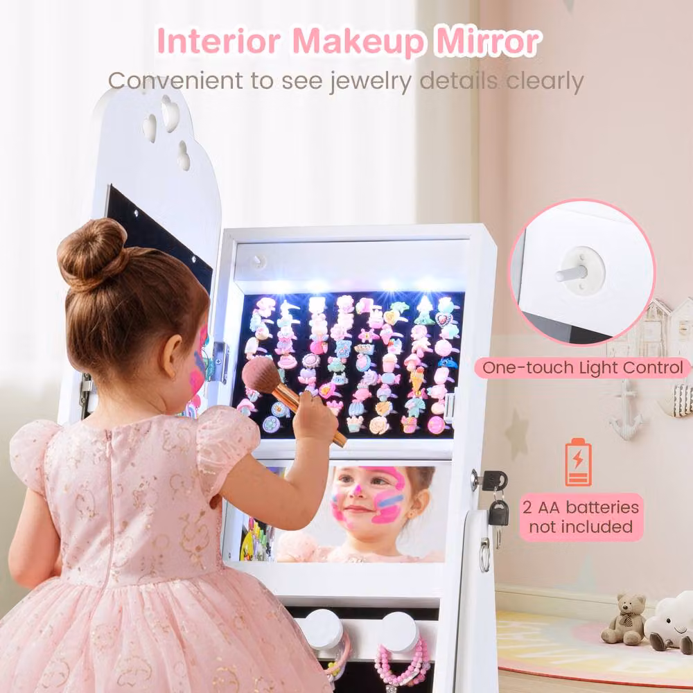 Costway Kids Jewelry Armoire Cabinet with 360 Degree Swivel, Mirror and LED Lighting, White – 2