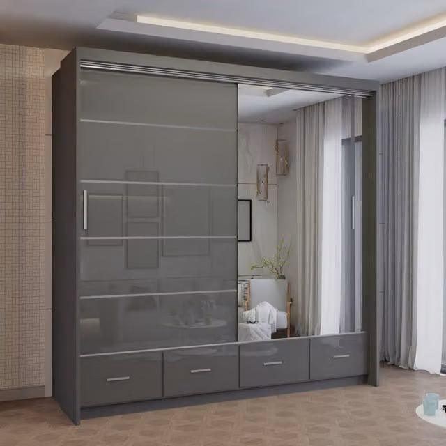 Sliding Wardrobes 4 u Kyoto Modern High Gloss Sliding Door Wardrobe in Grey with Mirror and Internal Drawers, Width: 203 cm