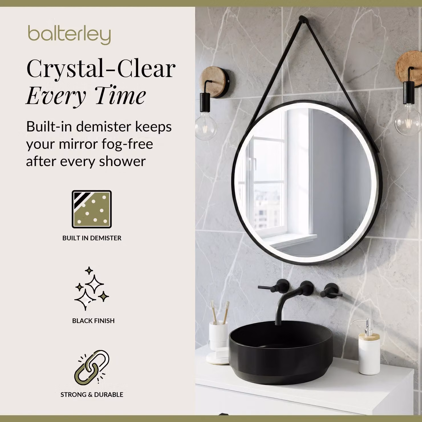 Balterley Round LED Bathroom Mirror with Demister and Hanging Strap, Black, W/D/H: 60 x 60 x 1 cm – 2
