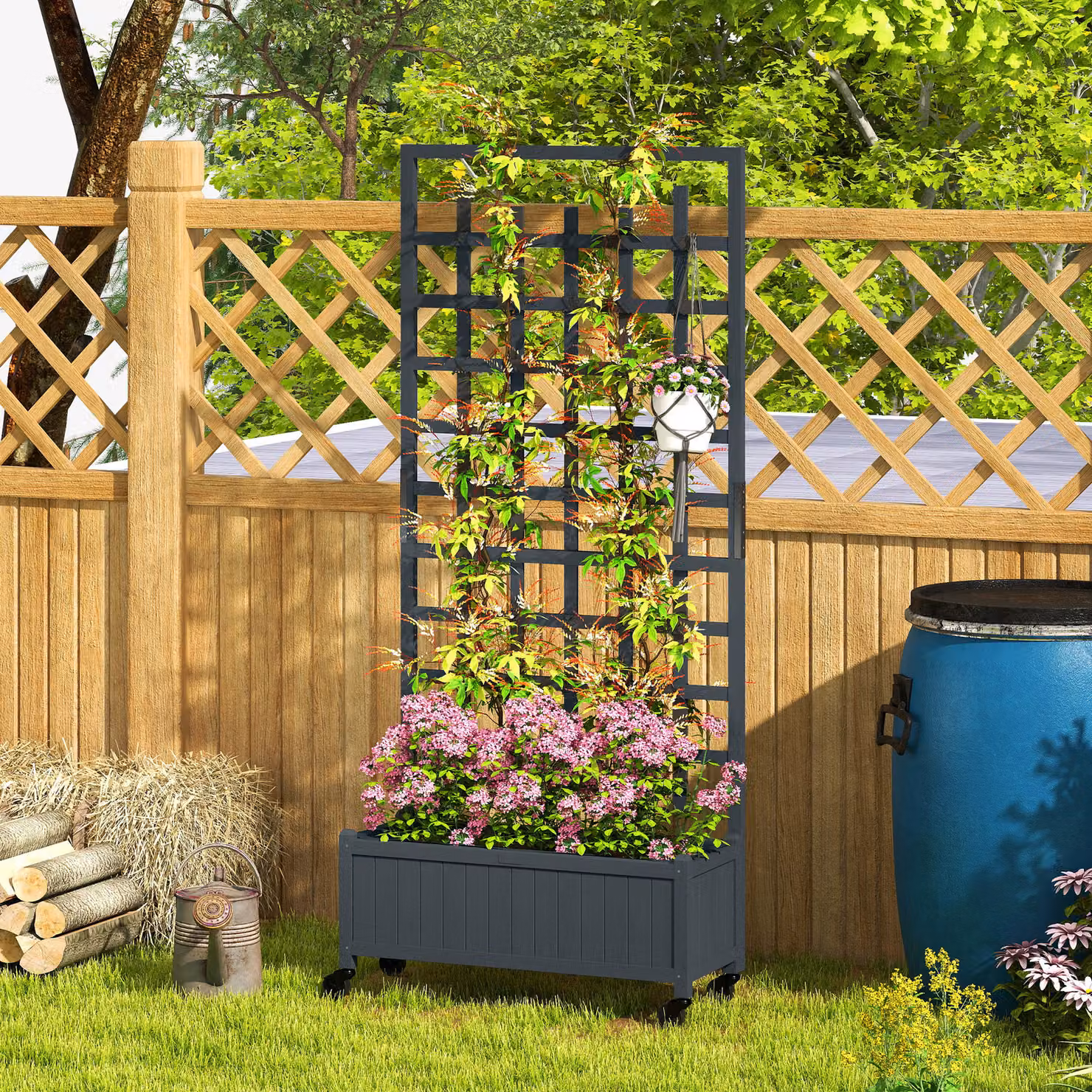 Outsunny Grey Wooden Trellis Raised Garden Bed with Wheels for Vegetables, Herbs and Flowers, W/D/H: 186 x 82.5 x 35 cm – 6