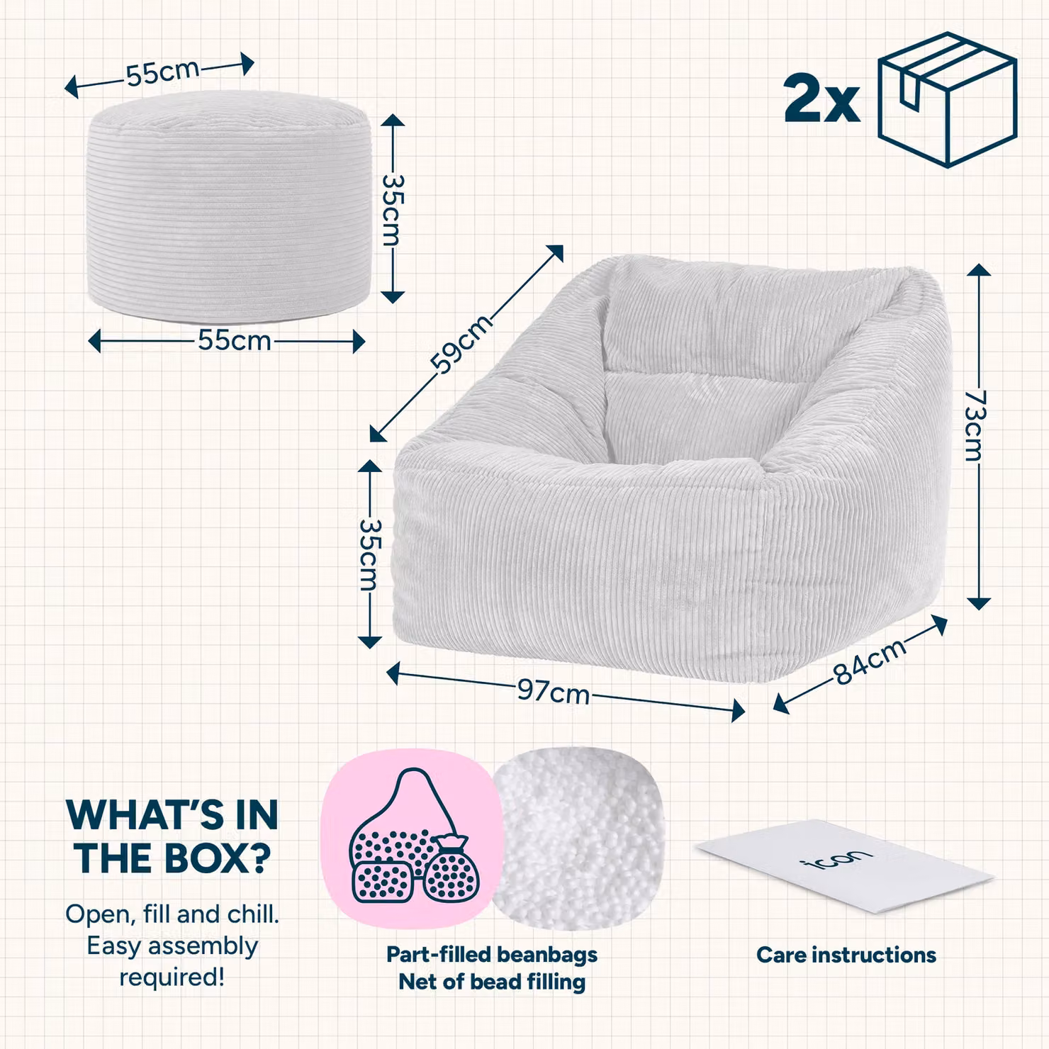 ICON Corduroy Bean Bag Armchair with Round Footstool in Charcoal Grey – 4