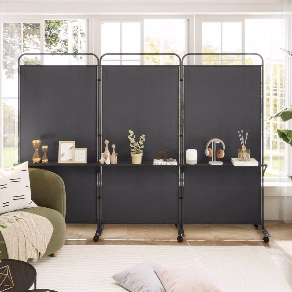 VOGREX Black 3 Panel Rolling Folding Room Divider with 3 Shelves – 2