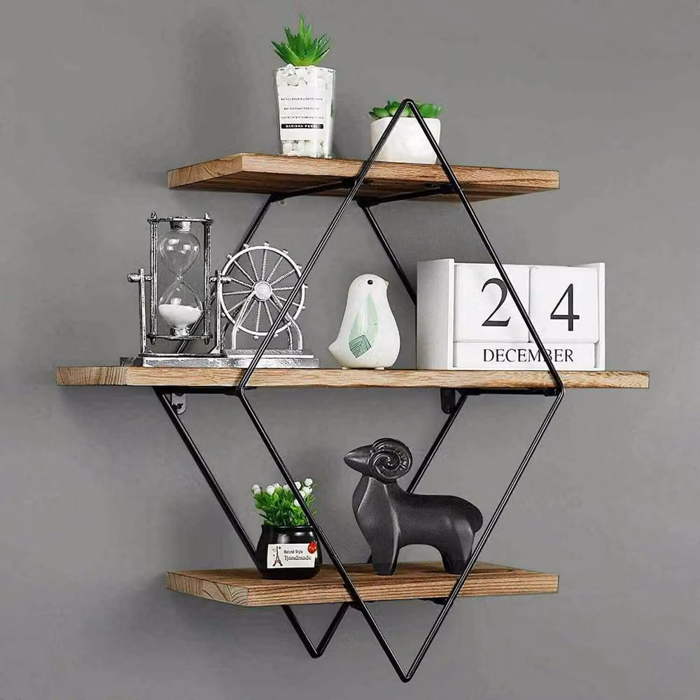 FLAVORA 3 Tier Rustic Wood and Metal Geometric Wall Mounted Shelves, Brown/Multicolour, W/D/H: 100 x 15 x 15 cm – 3