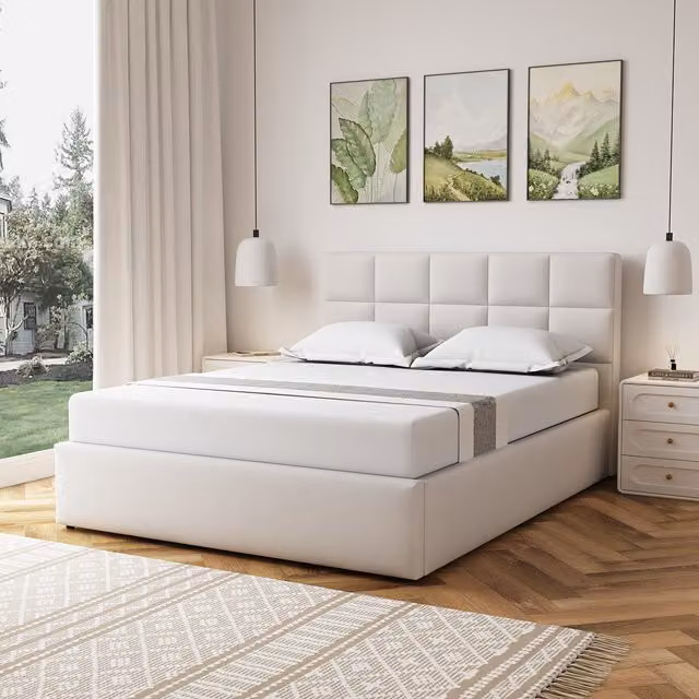 Richwood King Ottoman Bed Frame in Beige Upholstered Fabric with Lift Up Base