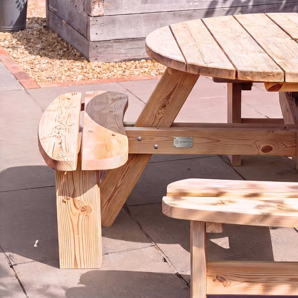 Primrose Eight Seater Round Wooden Garden Picnic Table and Bench in Brown, Diameter: 115 cm – 2