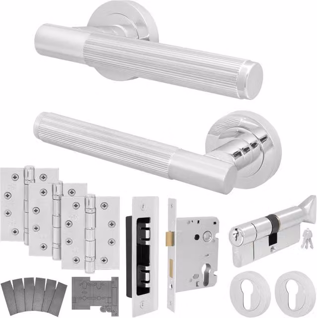 AFIT Chrome Fire Door Handle Euro Lock Thumbturn Cylinder Set with Hinges in Silver, W/D/H: 15.5 x 15.0 x 15.0 cm – 1