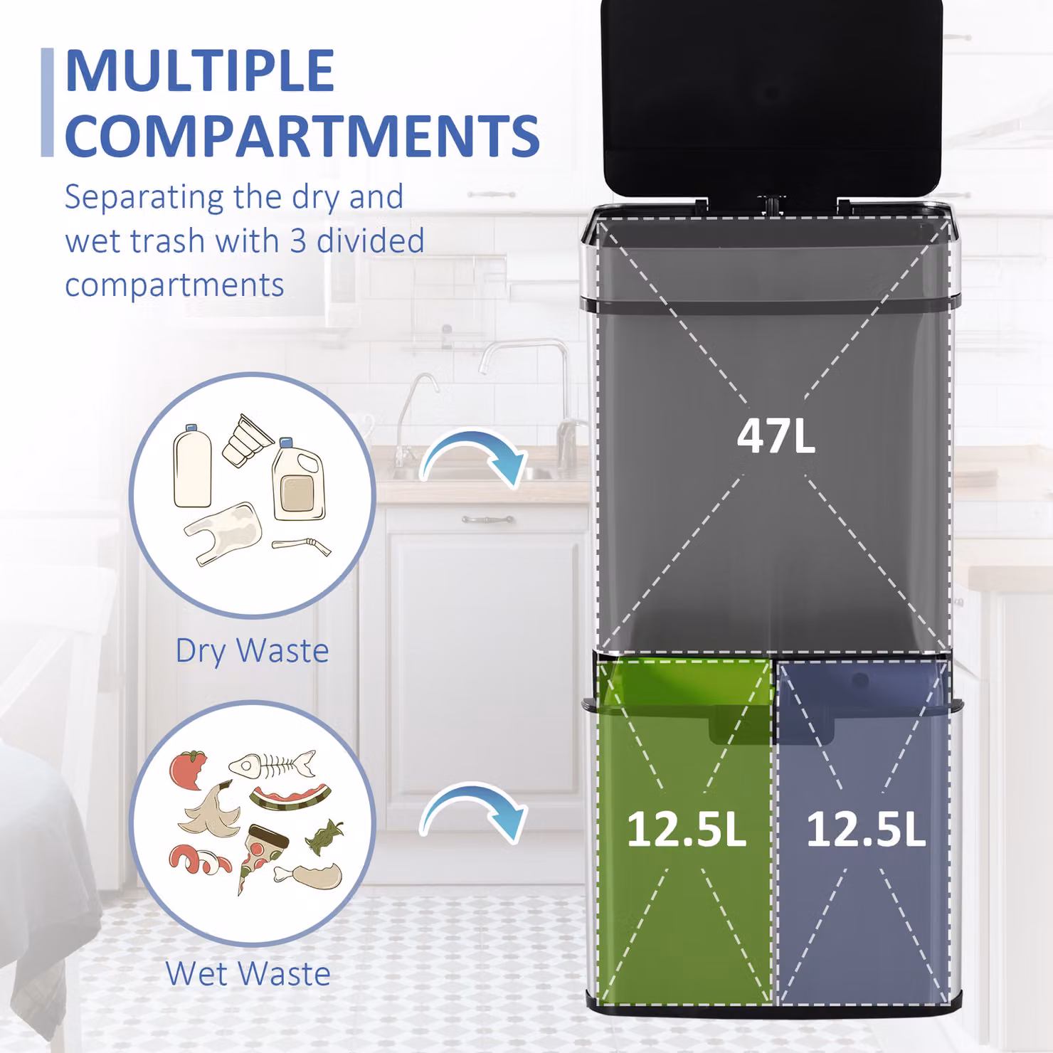 HOMCOM 72L Sensor Recycling Bin in Silver Stainless Steel with 3 Compartments – 3