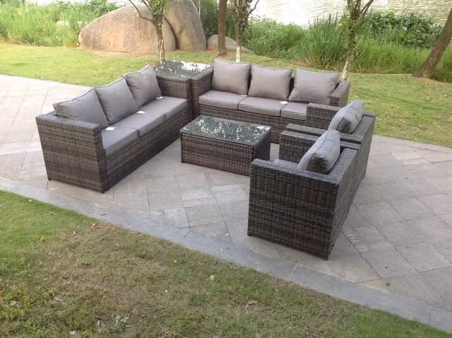 Fimous 8 Seater Rattan Garden Furniture Set with Rectangular Coffee Table in Dark Grey