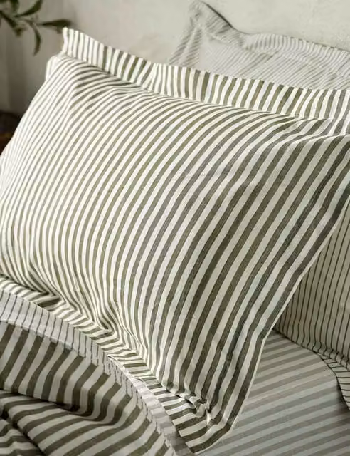 Yard Hebden Stripe Pure Cotton Pillowcases, 2 Pack, Dark Green Mix
